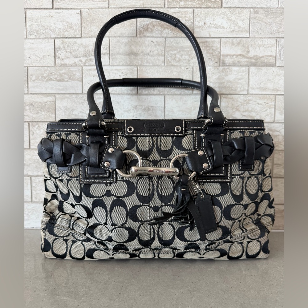 Coach Black and Beige Signature Canvas Satchel with Braided Leather Trim